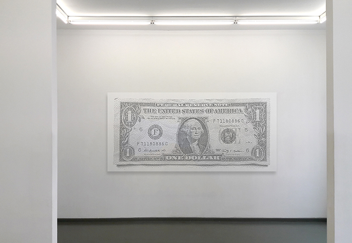 02 / 02 | series "shades of nothing" // "bit by bit" | title "one dollar" | 268 x 125 cm | ca. 25.000 drill holes | 2017 | sold